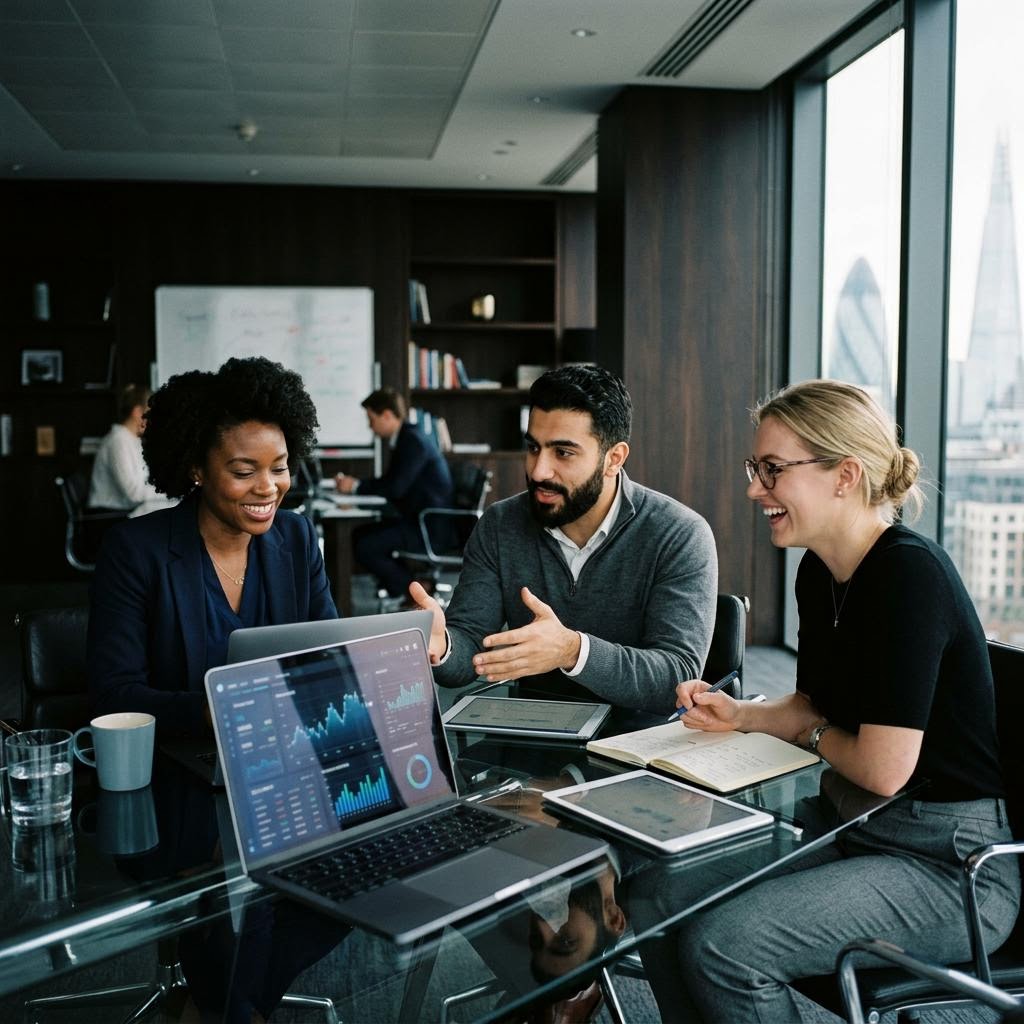 Fintech engineering team monitoring trading algorithms